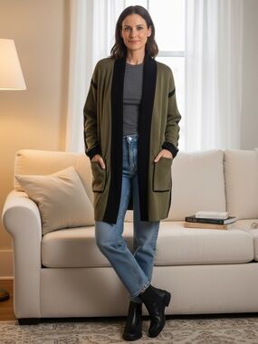 Yest The Netherlands Olive Green Open Front Cardigan with Black Trim size 10